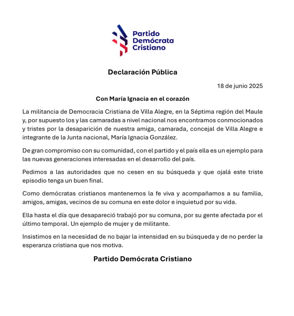 PDC_Chile's tweet photo. Con María Ignacia en el corazón❤️

La militancia DC de #VillaAlegre los y las camaradas a nivel nacional nos encontramos conmocionados y tristes por la desaparición de nuestra amiga, camarada concejal María Ignacia González(…)

Llamamos a no bajar la intensidad en su búsqueda. https://t.co/qn3OwIOHRb
