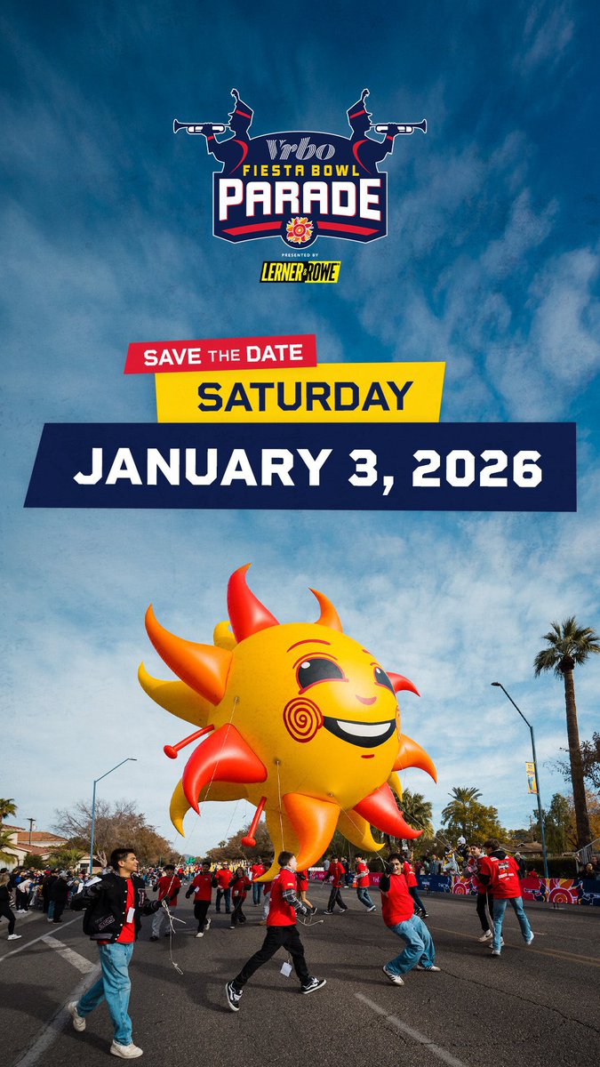 Andy Shultz (@andyjshultz) on Twitter photo Mark your calendars today as the 2026 <a href="/vrbo/">Vrbo</a> <a href="/Fiesta_Bowl/">Fiesta Sports Foundation</a> Parade presented by <a href="/LernerandRowe/">Lerner and Rowe</a> returns to Phoenix on January 3!
Go to - FiestaSportsFoundation.org/parade - for more information if you would like to participate in this annual AZ tradition! <a href="/BowlSeason/">Bowl Season</a> Mark your calendars today as the 2026 <a href="/vrbo/">Vrbo</a> <a href="/Fiesta_Bowl/">Fiesta Sports Foundation</a> Parade presented by <a href="/LernerandRowe/">Lerner and Rowe</a> returns to Phoenix on January 3!
Go to - FiestaSportsFoundation.org/parade - for more information if you would like to participate in this annual AZ tradition! <a href="/BowlSeason/">Bowl Season</a>