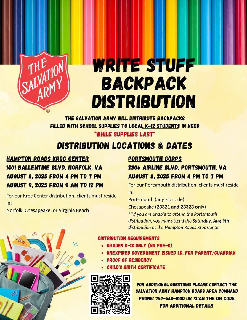 🎒✏️ WRITE STUFF BACKPACK DISTRIBUTION!
The Salvation Army is giving out FREE backpacks filled with school supplies to local K–12 students in need — while supplies last! 
#PPSShines #cpisthoroughbreds