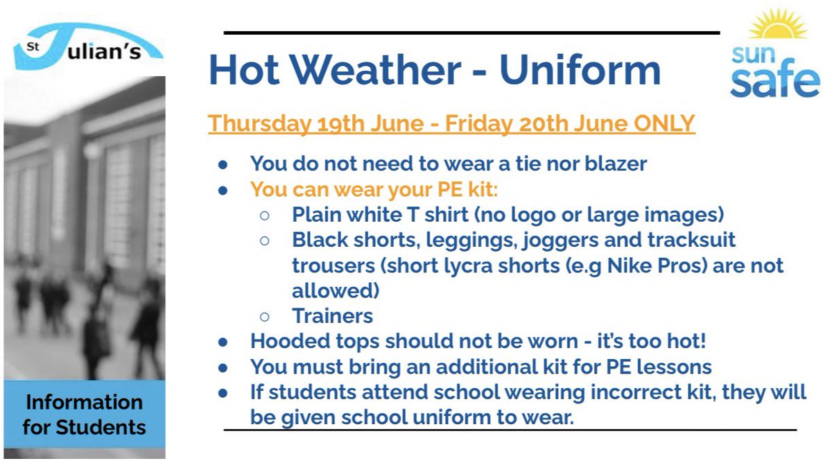 As we are forecast very hot weather over the coming days, students may wear PE kit to school rather than school uniforms.

‼️This temporary measure is for tomorrow and Friday only.