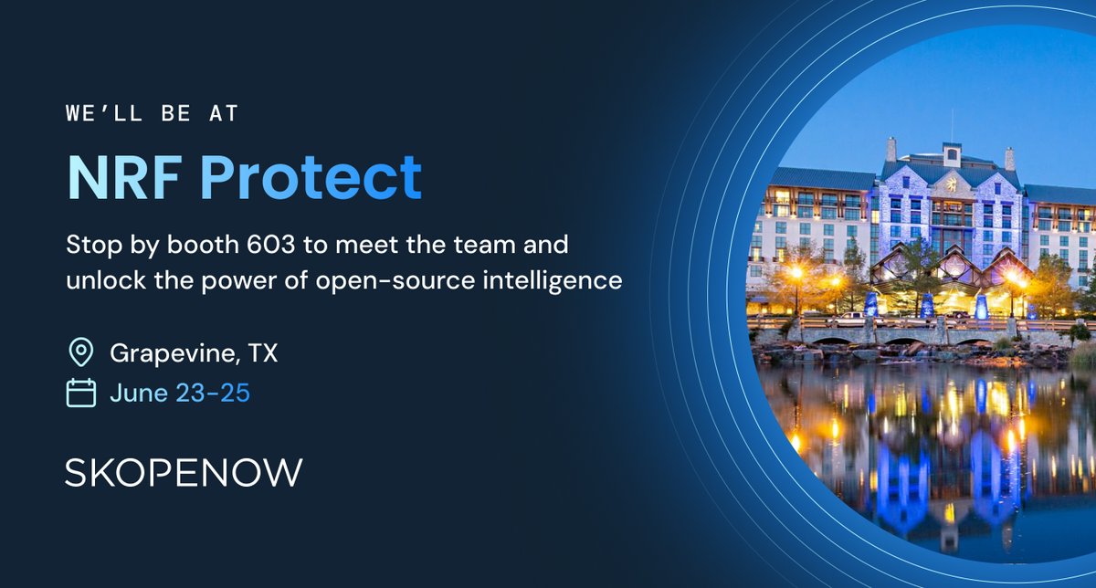 The <a href="/Skopenow/">Skopenow</a> team is heading to Texas next week for NRF Protect! We’re excited to show attendees how our integrated #OSINT platform helps retailers prevent losses with actionable open-source intelligence. If you'll be on the convention floor, stop by booth 603 and say hi!