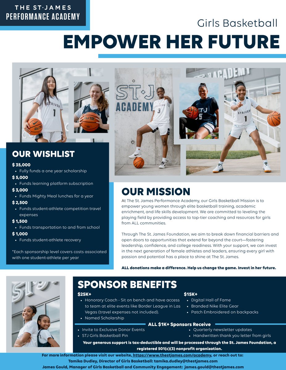 I'm proud to step into my new role at The St. James, building something special for girls basketball. This game has given me so much, and now it’s time to give back.
We're seeking sponsors to help young girls who dream big but lack access. Let's open doors together. 🏀💙