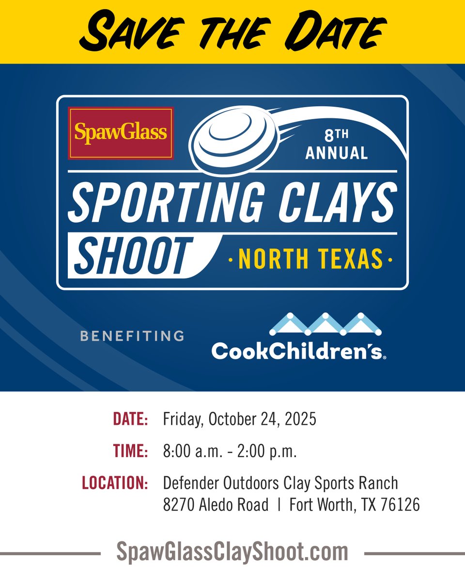 SpawGlass (@spawglass1953) on Twitter photo Ready...Aim...SAVE THE DATE! Our 8th Annual #SGNorthTexas Sporting Clays Shoot benefiting <a href="/CookChildrens/">Cook Children's</a> is happening 10/24 - mark your calendars and stay tuned for registration information!
#SGBuildsCommunities #CommunityContractor Ready...Aim...SAVE THE DATE! Our 8th Annual #SGNorthTexas Sporting Clays Shoot benefiting <a href="/CookChildrens/">Cook Children's</a> is happening 10/24 - mark your calendars and stay tuned for registration information!
#SGBuildsCommunities #CommunityContractor