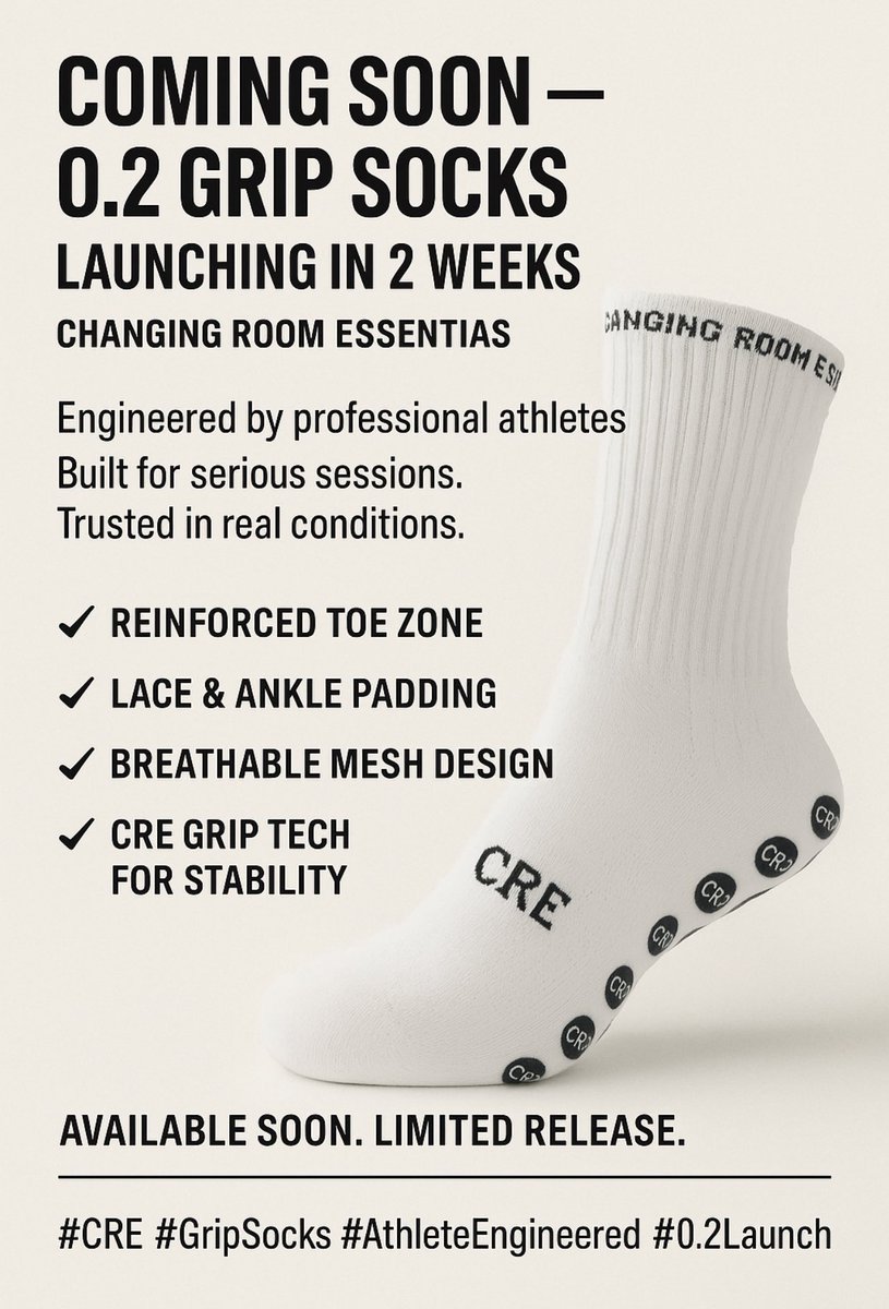 ChangingRoomEst's tweet image. 🚨2 Weeks to Go - 0.2 Grip Socks
Designed & engineered by professional athletes for performance
what’s new in Version 0.2?
✅ Breathable mesh panels for max airflow
✅ Extra padding in the lace and ankle zones for added comfort
✅ Reinforced toe padding for durability & support