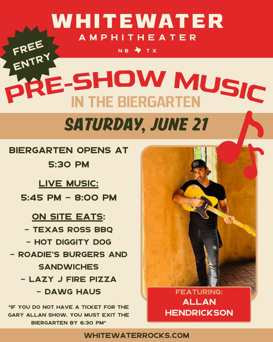 WhitewaterRocks's tweet image. 🎶🍻 Kick off your Saturday early with free pre-show tunes with Allan Hendrickson in the Biergarten!
The Biergarten is free to enter and open to the public 5:30 PM - 6:30 PM. After 6:30 PM, the Biergarten will be closed to those without tickets to see Gary Allan. Need tickets to…
