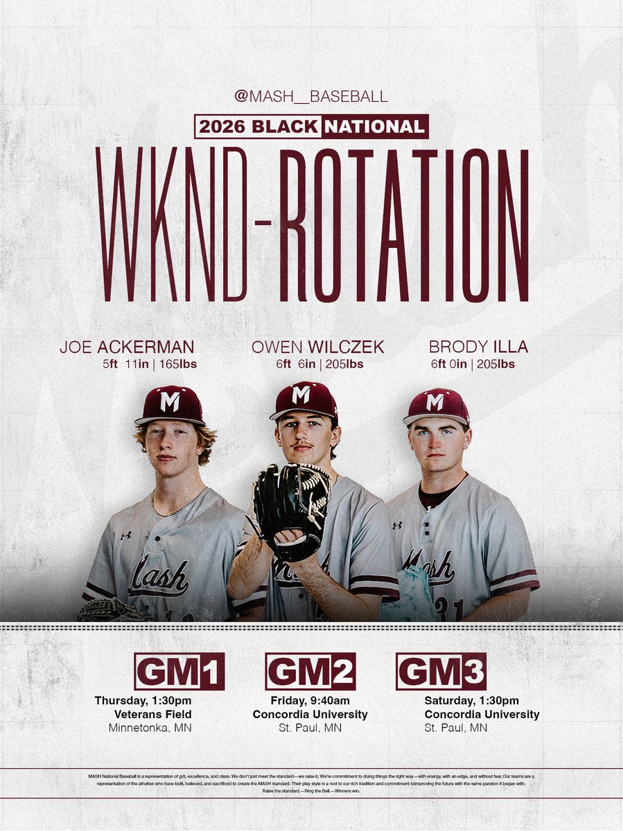 MASH Baseball (@mash__baseball) on Twitter photo 2026 Black National Weekend Rotation 💪🔁
GM1: <a href="/JoeAck12/">Joe Ackerman</a>
GM2: <a href="/owen_wilczek/">Owen Wilczek</a>
GM3: <a href="/Thrilla55/">Brody Illa</a> 2026 Black National Weekend Rotation 💪🔁
GM1: <a href="/JoeAck12/">Joe Ackerman</a>
GM2: <a href="/owen_wilczek/">Owen Wilczek</a>
GM3: <a href="/Thrilla55/">Brody Illa</a>