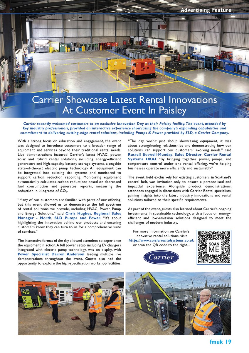 Latest Issue 📰: Carrier recently welcomed #customers &amp; key industry #professionals to an exclusive Innovation Day, showcasing their #capabilities &amp; #commitment to delivering #CuttingEdge #rental solutions.

➡️fmuk-online.co.uk/carrier-showca…
#facman #FacilitiesManagement #HVAC #power