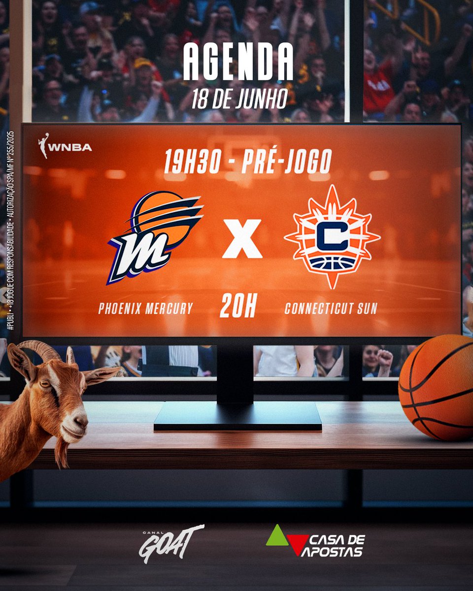 🔥 NO CLIMA DA WNBA! Nesta quarta-feira, a bola sobe para Phoenix Mercury x Connecticut Sun! Quem leva a melhor? #WNBAnoGOAT 

👀 Pré-jogo às 19h30 
🏀 O jogo começa às 20h  

Jogue com responsabilidade. Apenas para maiores de 18 anos. #publi