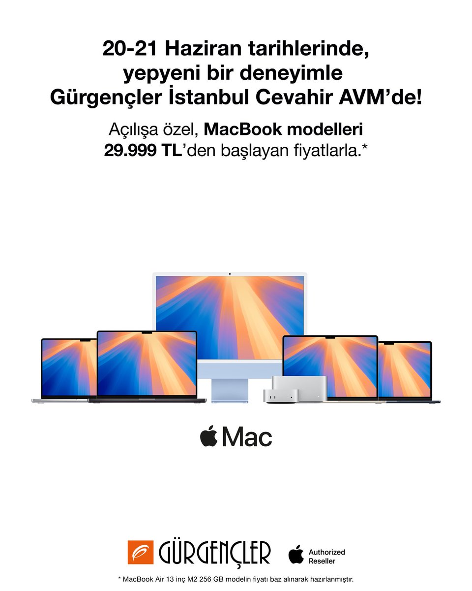 İstanbul Cevahir AVM Gürgençler mağaza açılışına özel, 20-21 Haziran tarihlerinde geçerli MacBook Air modelleri 29.999 TL’den başlayan fiyatlarla seni bekliyor! 💻🤩
 
Üstelik İş Bankası Maximum kredi kartlarına özel vade farksız 10 taksit fırsatıyla.
Çok daha fazlasını şimdi