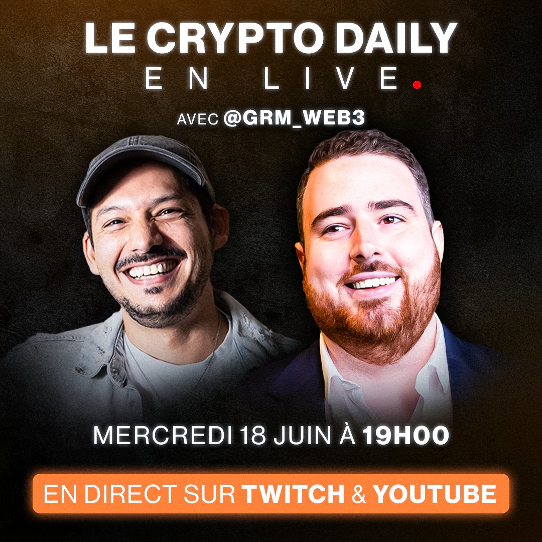 🔴 LIVE CRYPTO DAILY

👉 On se retrouve en live avec <a href="/GRM_Web3/">GRM</a> ce soir 19h pour votre dose d'actu Web3 🔥

🔗 Sur YouTube, Twitch et X