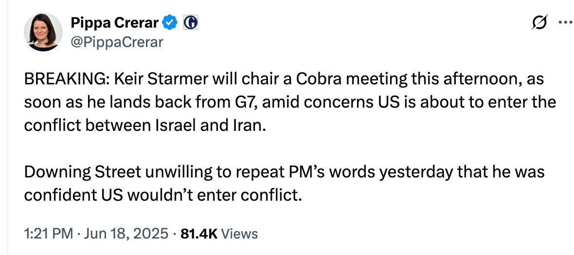 Obvious when they are shit posting to help reinforce a pretendy COBRA for Starmer to appear in control. 

They block responses . . 

This is just nonsense to make Starmer look like he is a player instead of reality, totally frozen out by US and Israel because Starmer cannot be