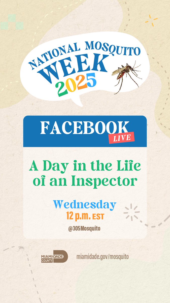Head over to Facebook.com/305Mosquito at 12 noon ET for a live look at a #mosquito inspection. You can request one of your Miami-Dade home or business at miamidade.gov/mosquitoinspec…. #NationalMosquitoWeek 🦟❤️🔎