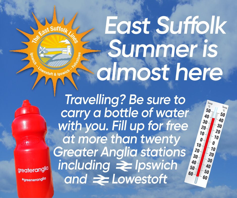 East Suffolk Lines (@eastsuffolkline) on Twitter photo Summer officially starts Saturday; hot weather is on its way. It's easy to become dehydrated. Travelling? Be sure to carry a bottle of water with you. Fill up for FREE at more than 20 <a href="/greateranglia/">Greater Anglia</a> stations including #Ipswich and #Lowestoft on the East Suffolk Lines. Summer officially starts Saturday; hot weather is on its way. It's easy to become dehydrated. Travelling? Be sure to carry a bottle of water with you. Fill up for FREE at more than 20 <a href="/greateranglia/">Greater Anglia</a> stations including #Ipswich and #Lowestoft on the East Suffolk Lines.