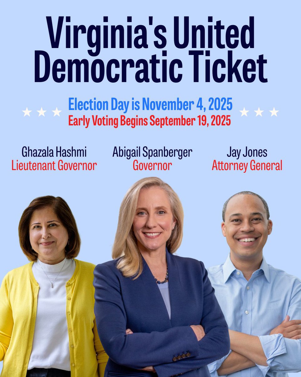 Congratulations to <a href="/SpanbergerForVA/">Abigail Spanberger</a> <a href="/SenatorHashmi/">Senator Hashmi</a> and <a href="/jonesjay/">Jay Jones</a> on their nominations. This Democratic ticket reflects the leadership and values Virginia deserves. From now through November we will be organizing connecting and working hard to move our Commonwealth #forWard!