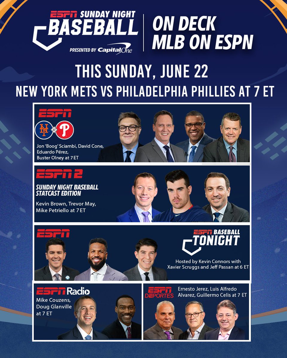 Juan Soto &amp; the <a href="/Mets/">New York Mets</a> visit Kyle Schwarber &amp; the <a href="/Phillies/">Philadelphia Phillies</a> this weekend on #SundayNightBaseball

⚾️ 7p ET | Traditional telecast | ESPN
🎙️ Jon 'Boog' Sciambi, <a href="/PerezEd/">Eduardo Perez</a>, <a href="/dcone36/">David Cone</a>, <a href="/Buster_ESPN/">Buster Olney</a> 

⚾️ 7p ET | Statcast Edition | ESPN2
🎙️<a href="/kevinnbrown/">Kevin Brown</a>, <a href="/IamTrevorMay/">Trevor May</a>, <a href="/mike_petriello/">Mike Petriello</a>