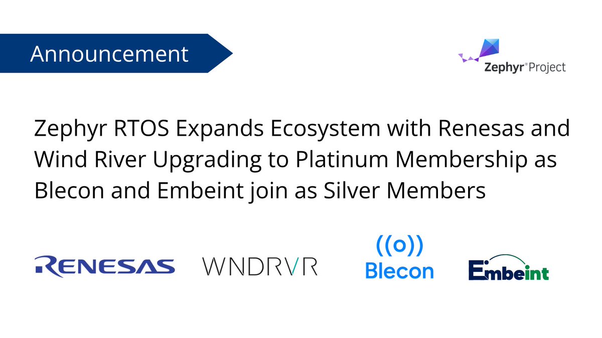 Zephyr Project (@zephyriot) on Twitter photo #ZephyrRTOS community! Please join us in thanking <a href="/RenesasGlobal/">Renesas Electronics</a> & <a href="/WindRiver/">Wind River</a> for upgrading their membership to Platinum and welcoming <a href="/BleconHQ/">Blecon</a> and <a href="/embeint/">Embeint</a> to the ecosystem! Learn more about these <a href="/ZephyrIoT/">Zephyr Project</a> members and our activities at #OSSummit: hubs.la/Q03sFNyq0 #ZephyrRTOS community! Please join us in thanking <a href="/RenesasGlobal/">Renesas Electronics</a> & <a href="/WindRiver/">Wind River</a> for upgrading their membership to Platinum and welcoming <a href="/BleconHQ/">Blecon</a> and <a href="/embeint/">Embeint</a> to the ecosystem! Learn more about these <a href="/ZephyrIoT/">Zephyr Project</a> members and our activities at #OSSummit: hubs.la/Q03sFNyq0