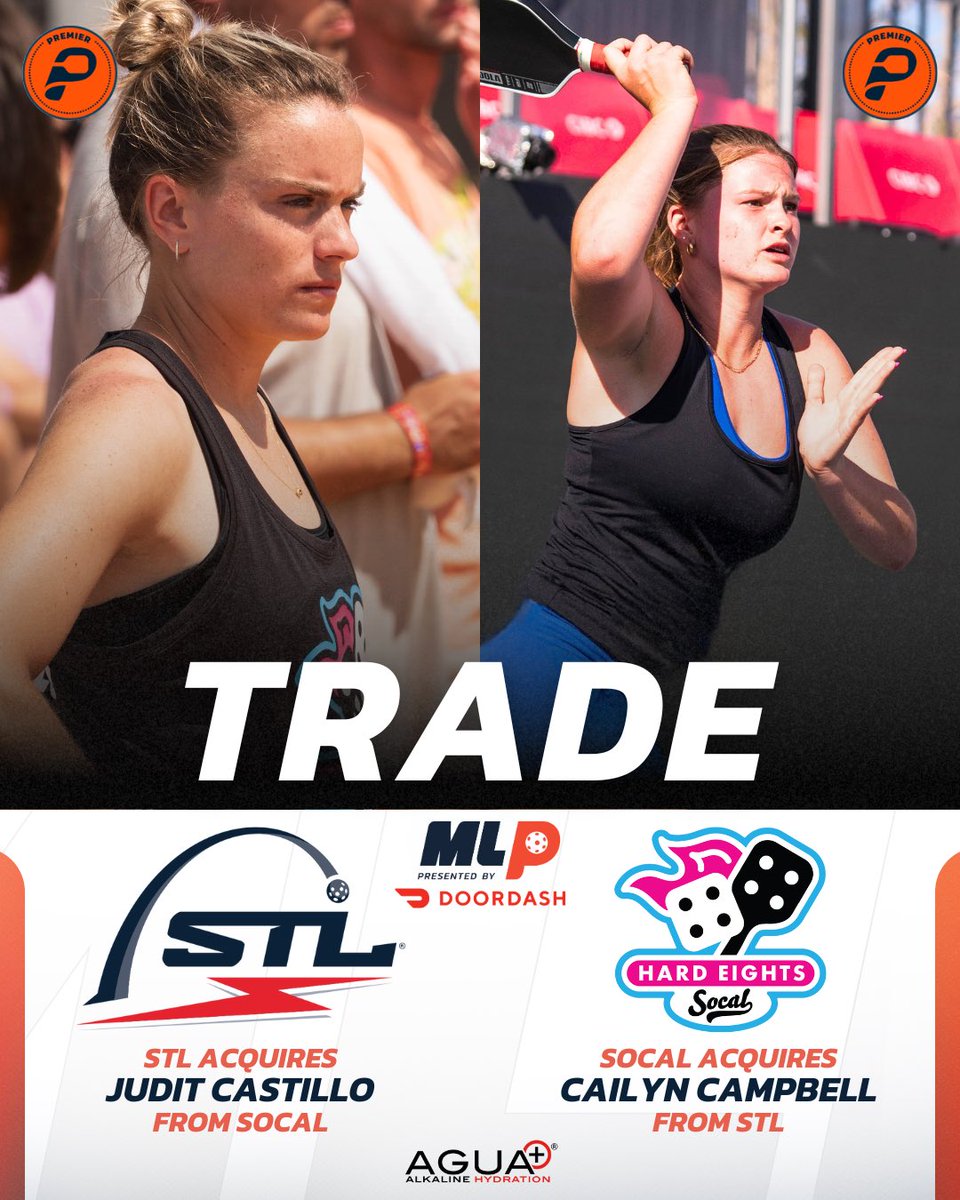 MajorLeaguePB's tweet photo. 🚨 TRADE ALERT! 🚨 presented by Agua Plus 💦

The @stlshockmlp &amp; SoCal Hard 8’s have made a swap! 🔄

The Shock receive:
✅ Judit Castillo 

The Hard 8’s receive:
✅ Cailyn Campbell

Who do you think won this trade? 🤔 #MLPTrade #MajorLeaguePickleball https://t.co/MpY51MeVto