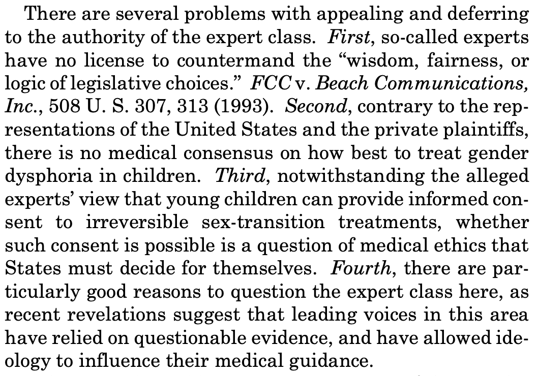 daveweigel's tweet photo. Important bit of Thomas's concurrence: "There are particularly good reasons to question the expert class here, as recent revelations suggest that leading voices in this area have relied on questionable evidence, and have allowed ideology to influence their medical guidance." https://t.co/Eq4D7sVftd