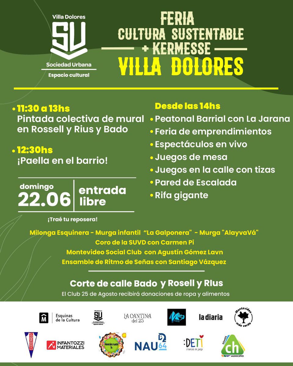 Llega la Feria de Cultura Sustentable a Villa Dolores!
Mural colectivo, paella, espectáculos en vivo, feria de emprendimientos, juegos, pared de escalada ¡y mucho más!
Rossell y Rius y Bado – desde las 11:30 hs
Entrada libre
Se reciben donaciones de ropa y alimentos