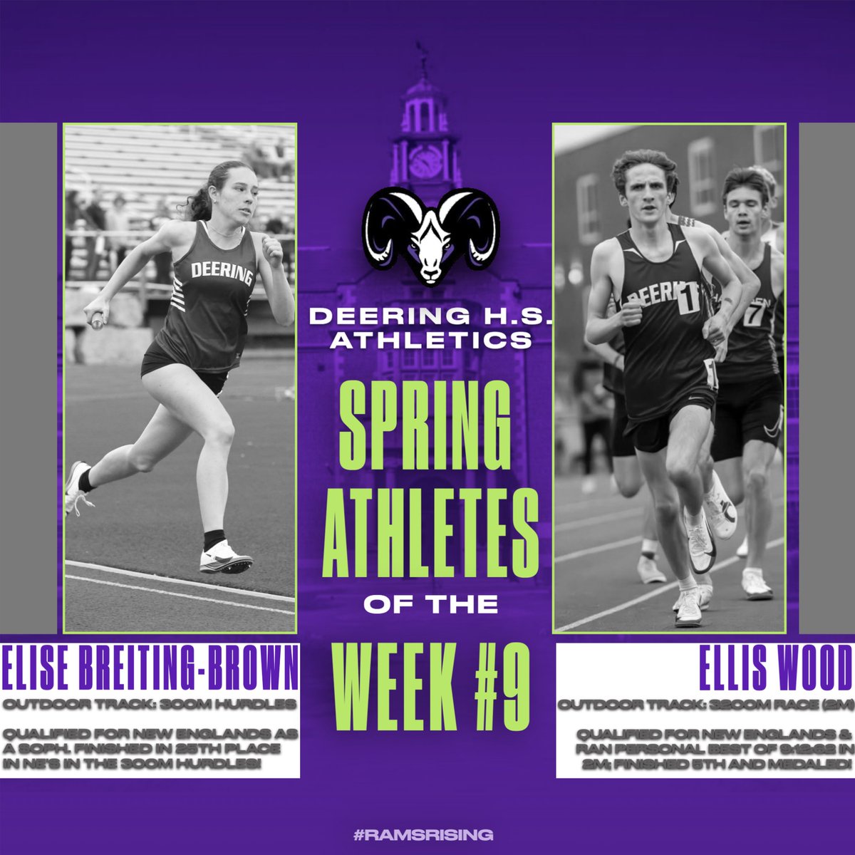 Congratulations to our DHS Spring Sports Week 9 Athletes of the Week, Ellis &amp; Elise!!! Both qualified for NE's (along with 4 other Rams) and ran personal bests on the track at NE's in CT. #racingrams #RAMily