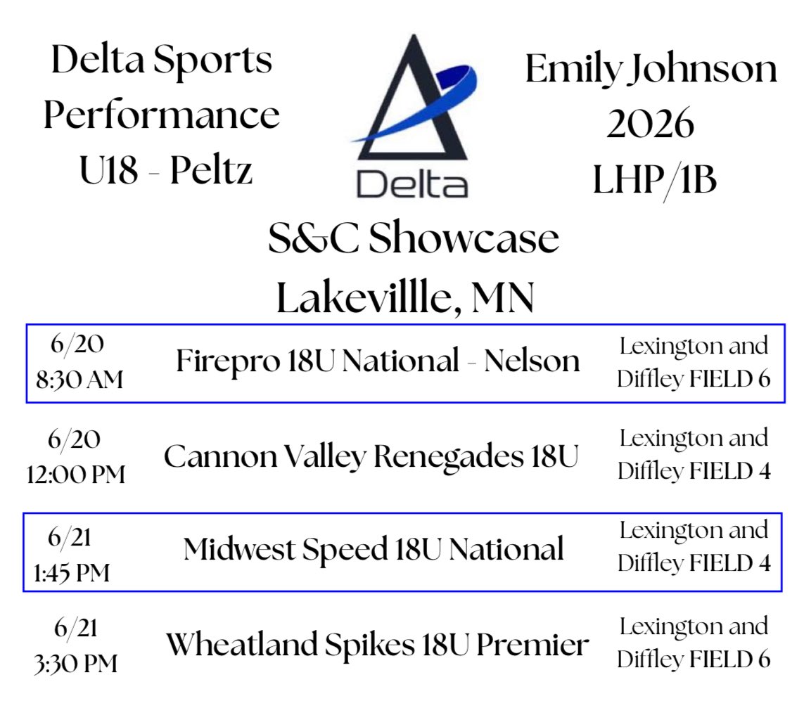 Emily Johnson (@e12johnson) on Twitter photo My schedule for this upcoming weekend in Minnesota with <a href="/FastpitchDelta/">Delta Sports Performance Softball</a> U18 Peltz! My schedule for this upcoming weekend in Minnesota with <a href="/FastpitchDelta/">Delta Sports Performance Softball</a> U18 Peltz!