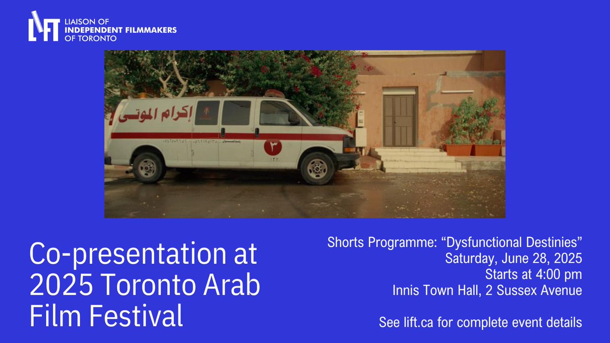 🥳✨  <a href="/LIFTfilm/">LIFT</a> is proud to co-present Shorts Programme: "Dysfunctional Destinies" at the 2025 Toronto Arab Film Festival. Screens at 4:00pm on Saturday, June 28, 2025 at Innis Town Hall.

#TAF2025 #TorontoArabFilm #ArabCinema #Toronto

Details: lift.ca/programming-ho…