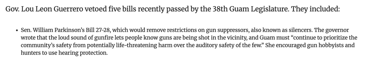 NEW: Guam Gov. Lou Leon Guerrero has VETOED Sen. William Parkinson’s Bill No. 27-28 to legalize the use of suppressors.

There are already enough votes in the Senate to override the governor’s veto.