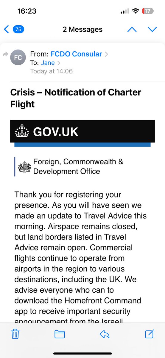 UK evacuates families of embassy staff from Israel, says Foreign Office.

Meanwhile the consulate emailed Brits in Israel about a ‘charter flight’ to get out but with advice saying the airspace was closed. A correction followed. Is anything being done to help Brits <a href="/DavidLammy/">David Lammy</a>?