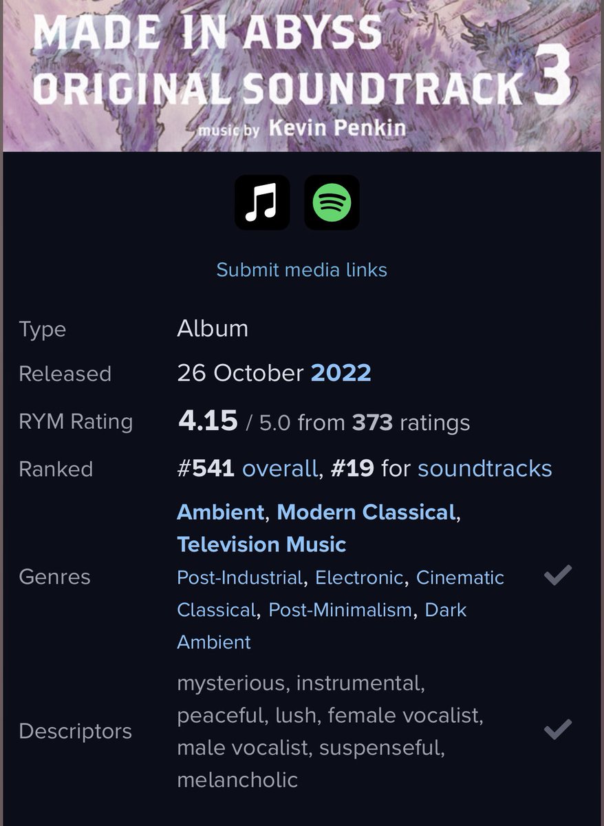made in abyss 3 is already the 19th soundtrack of all time on rym but there's not a single vinyl release or official concert yet which is an absolutely tragedy. kadokawa is 💩 holding the copyright and just let it sit there
