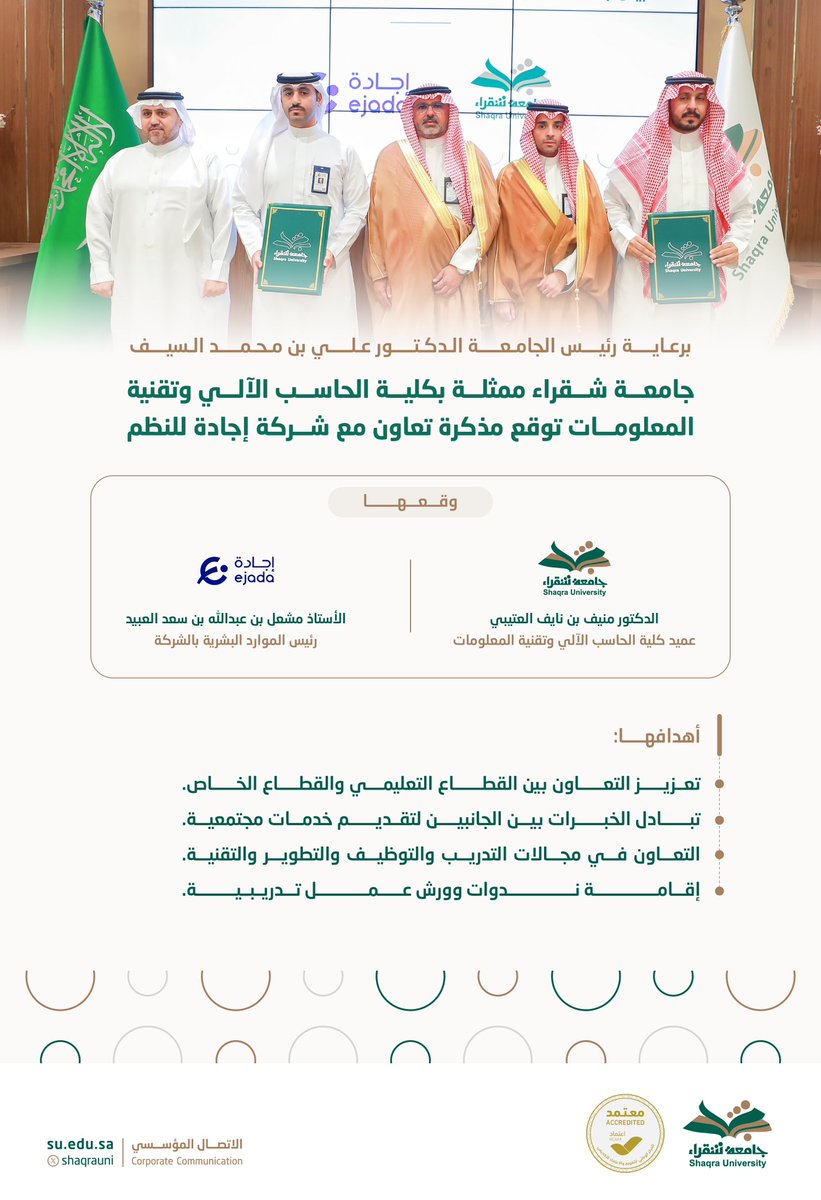 ShaqraUni's tweet image. برعاية رئيس الجامعة د. علي بن محمد السيف..
#جامعة_شقراء ممثلة بكلية الحاسب الآلي وتقنية المعلومات، توقع مذكرة تعاون مع شركة إجادة للنظم، لتعزيز التعاون بين القطاع التعليمي والقطاع الخاص.