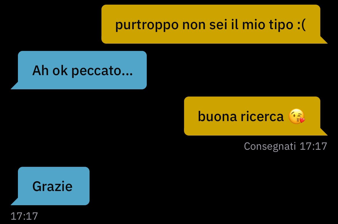 è così difficile essere umani e rispettosi anche su una app di dating ? Non mi pare! 
Prendete esempio invece di ghostare, insultare o essere delle merde quando qualcuno non vi piace