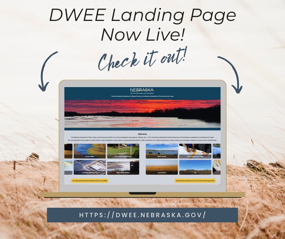 As July 1 approaches, NDEE and @NebraskaDNR are preparing to become the Nebraska Department of Water, Energy, and Environment! As part of that effort, we are announcing the launch of the DWEE landing page! Check it out! dwee.nebraska.gov