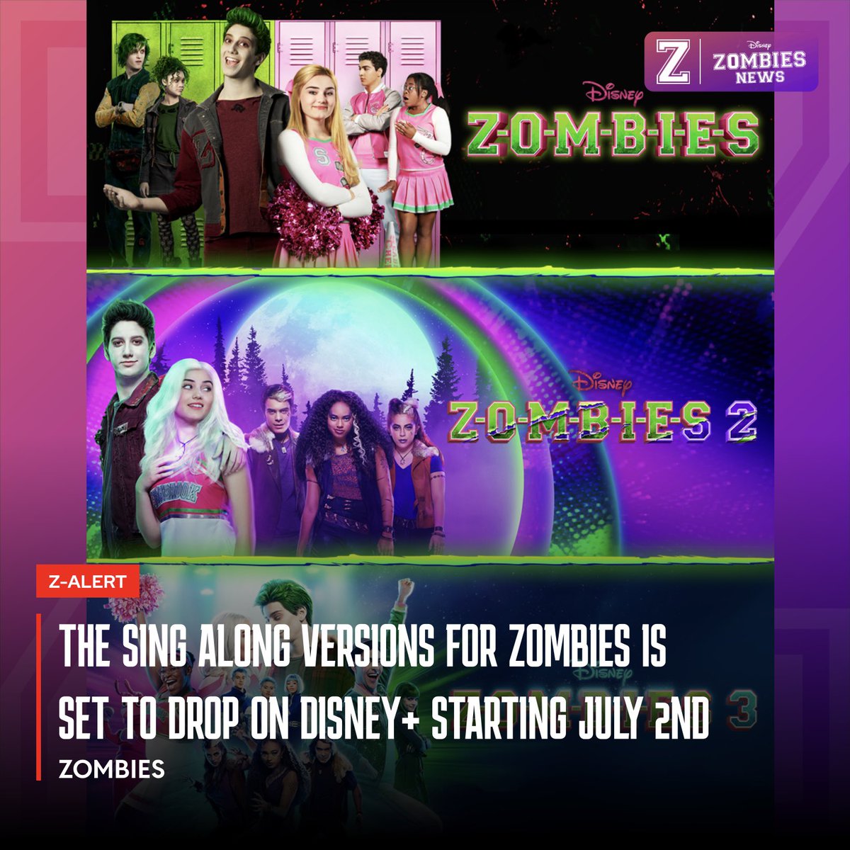 The Sing-Along Versions for ZOMBIES 1, 2, and 3 will drop on Disney+ starting July 2nd.

#DisneyChannel #DisneyPlus #Zombies #Zombies2 #Zombies3 #DisneyZombies