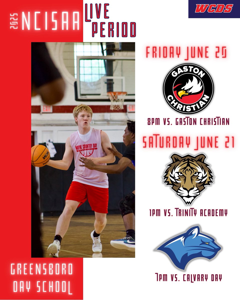 Our schedule at Greensboro Day for the live period this Friday and Saturday. College coaches come check these kids out. Great chance to see us versus great competition.