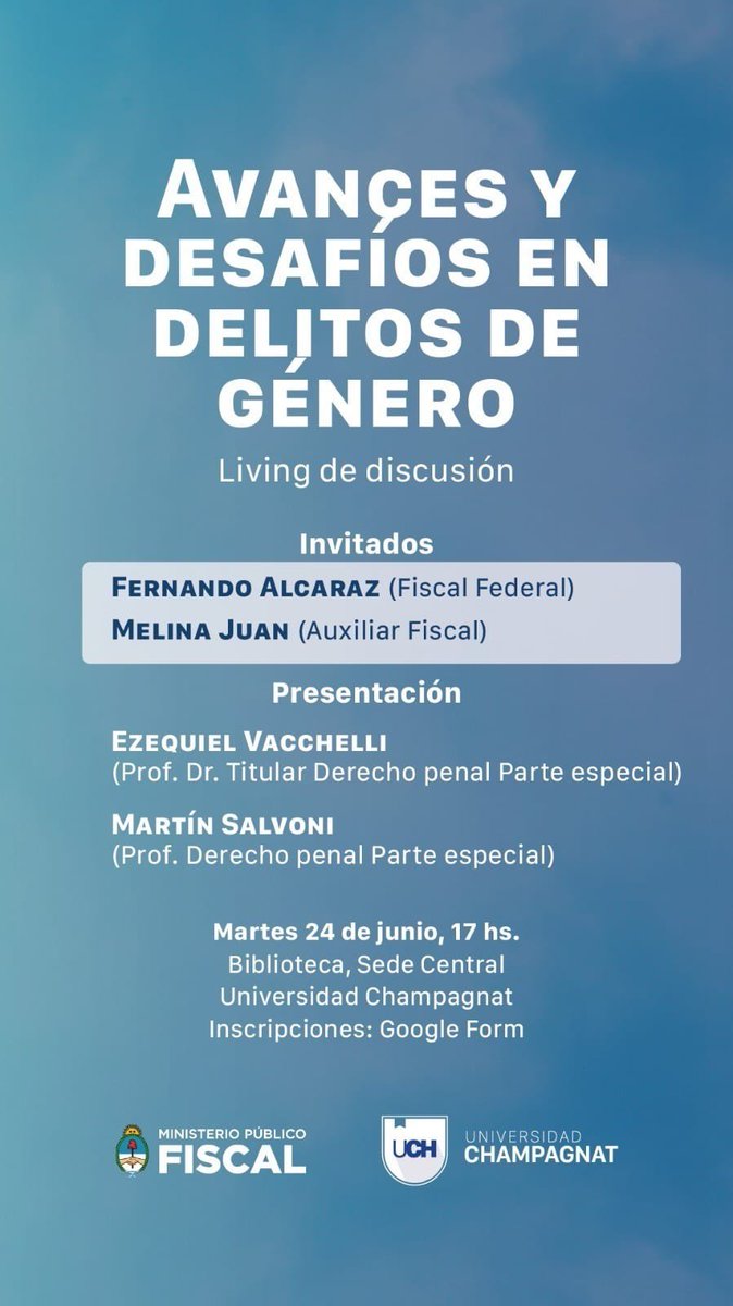 🎓📢 Clase abierta en la UCH "Avances y desafíos en delitos de género"
🗓 Martes 24 de junio 📍 Facultad de Derecho - <a href="/uchampagnat/">Universidad Champagnat</a> 

Con la participación de fiscales del Ministerio Público Fiscal de la Nación:
👨‍⚖️ Dr. Alcaraz
👩‍⚖️Dra. Meñina
Link uch.edu.ar/actividad/364/…