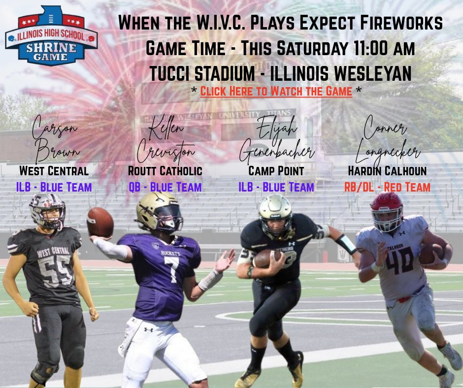 This Saturday at Illinois Wesleyan - Tucci Stadium in Bloomington, IL, watch 4 W.I.V.C. All-Staters battle it out in the <a href="/IHSFCA1/">IHSFCA</a> Shrine Game at 11:00am
Can't make the game, you can watch it here:
watchmc22.vhx.tv/events/il-high…