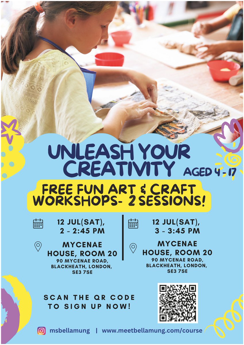 Children age 4 - 17 can unleash their creativity at a free fun #Art &amp; Craft #workshop here on Sat 12 July 2pm + 3pm. 

For info and to sign up scan the QR code or visit instagram.com/msbellamung/ and follow the link in the bio.

#Blackheath #Greenwich