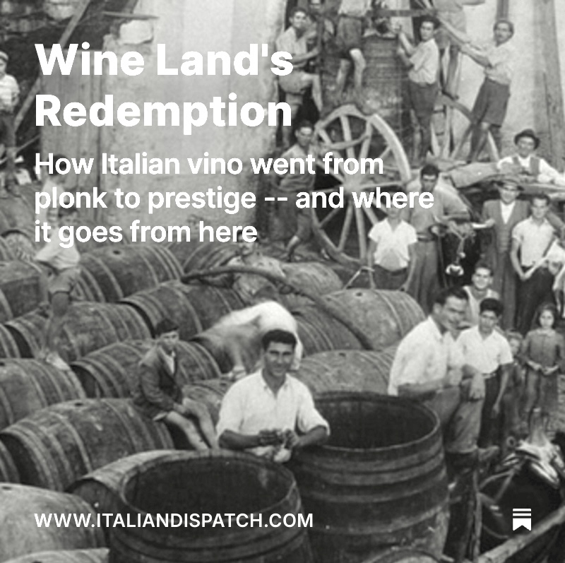 It wasn't that long ago that Italy was the world's largest producer of bad wine. Now its wines are on par with the world's best. How'd that happen?

Read about it via the link, and subscribe to receive my weekly essays on Italian culture and history.

italiandispatch.com/p/the-wine-lan…