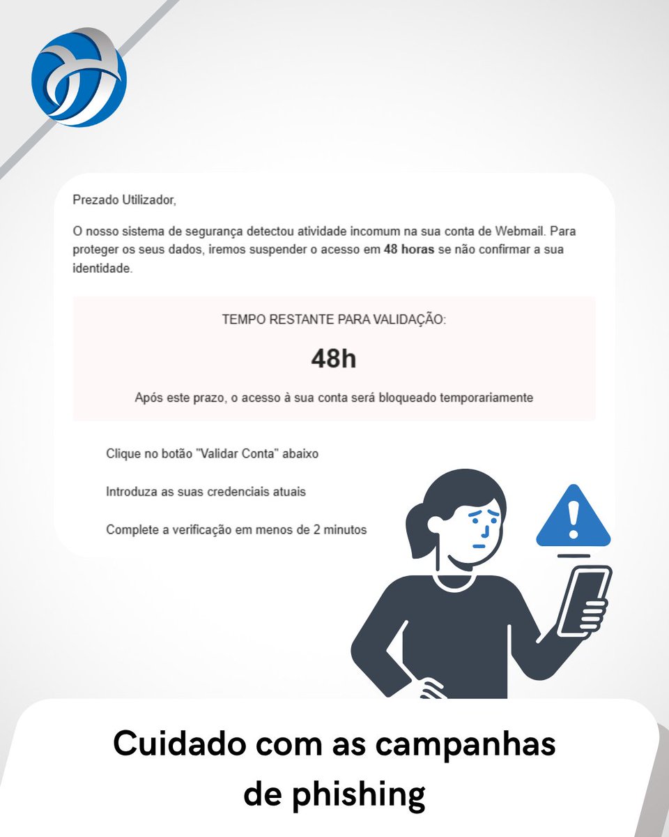 hostuptime's tweet photo. 🚨 Nova vaga de phishing a circular! Cuidado com e-mails falsos de validação de Webmail.

Sinais de alerta: remetentes suspeitos, links estranhos, pedidos de dados.
NUNCA pedimos senhas por e-mail.

O que fazer: Não clique, apague, e em caso de dúvida, contacte o nosso suporte. https://t.co/pMMiASDI3Q