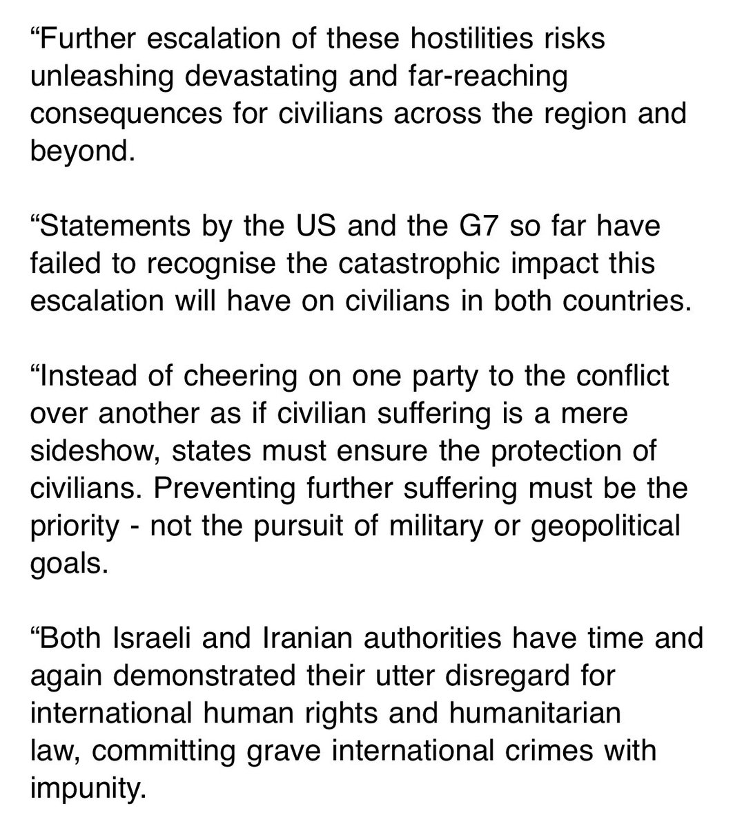Leila_MA's tweet image. “Instead of cheering on one party to the conflict over another as if civilian suffering is a mere sideshow, states must ensure protection of civilians. Israeli & Iranian authorities have time & again demonstrated utter disregard for int human rights & humanitarian law” - @amnesty