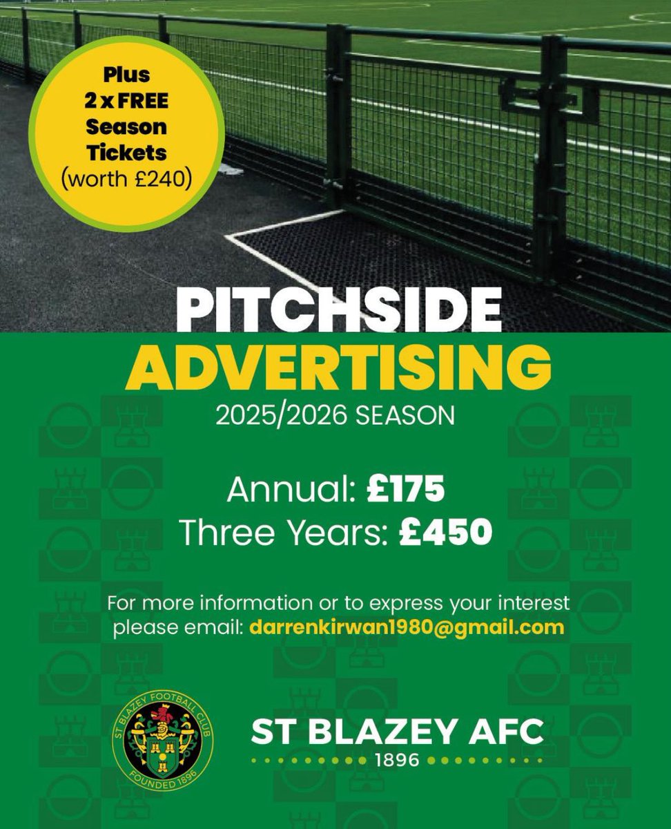 Our new fencing upgrade will transform the look of Blaise Park and provide the perfect space to advertise your business.

TWO FREE SEASON TICKETS given to all board sponsors for 2025/26. 💚🖤