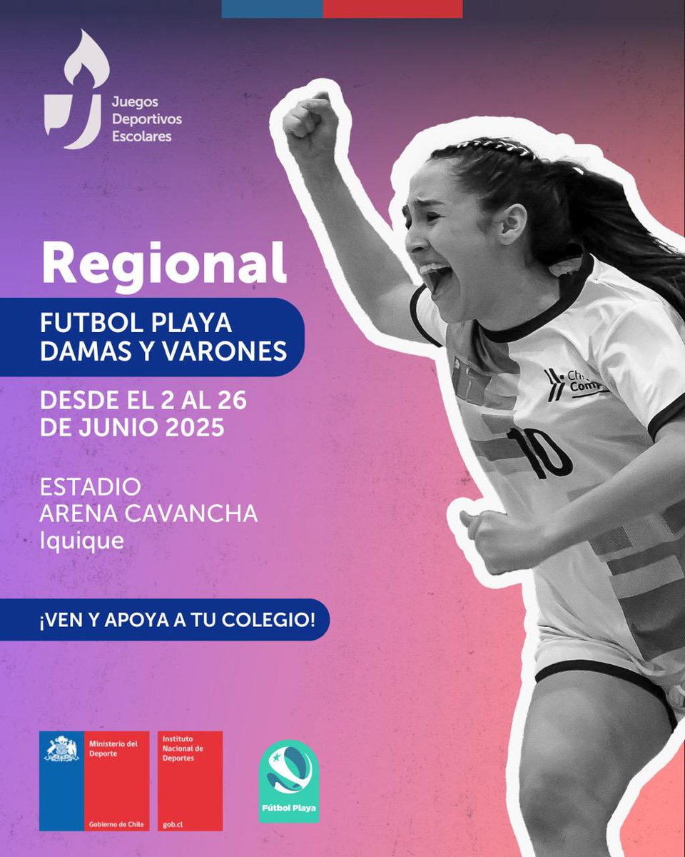 HORA DE DEFINICIONES

El Torneo Regional de Fútbol Playa de los Juegos Deportivos Escolares #JDE2025 está disputando partidos claves para conocer a sus campeones en damas y varones

Ven al Estadio Arena Cavancha y apoya a tu colegio

¡Te esperamos!

<a href="/MindepChile/">Ministerio del Deporte</a> <a href="/INDChileOficial/">IND Chile 🇨🇱</a>