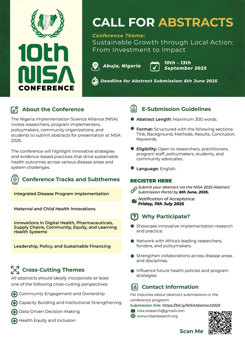 Global Alliance for Chronic Diseases (GACD) (@gacd_media) on Twitter photo .<a href="/NigeriaScience/">NIGERIA IMPLEMENTATION SCIENCE ALLIANCE (NISA)</a> is accepting abstract submissions for its 2025 conference in Abuja.
The conference will bring together implementers, researchers & policymakers to discuss real-world applications of implementation science.
Submit your abstract: docs.google.com/forms/d/1cE796… .<a href="/NigeriaScience/">NIGERIA IMPLEMENTATION SCIENCE ALLIANCE (NISA)</a> is accepting abstract submissions for its 2025 conference in Abuja.
The conference will bring together implementers, researchers & policymakers to discuss real-world applications of implementation science.
Submit your abstract: docs.google.com/forms/d/1cE796…