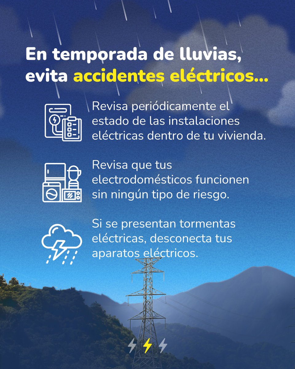 Superservicios's tweet photo. ¡Estamos en #TemporadaDeLluvias! 🌧️

Esto es lo que debes hacer para evitar accidentes eléctricos ⚡ en tu vivienda 🏡.

¡Aplícalos y compártelos! 🔃 https://t.co/Yh75ntl8yl