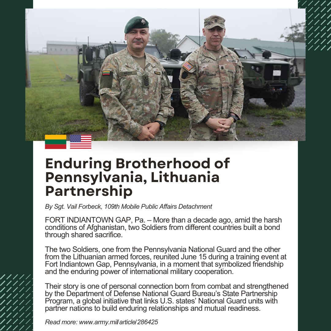Embassy of Lithuania in DC | #StandWithUkraine (@ltembassyus) on Twitter photo Enduring Brotherhood: Amid the harsh conditions of Afghanistan, two <a href="/PANationalGuard/">Pennsylvania National Guard</a> & <a href="/LTU_Army/">Lithuanian_Armed_Forces</a> Soldiers built a bond through shared sacrifice. They're now reunited at Fort Indiantown Gap, PA in a moment that symbolizes an enduring 🇱🇹🇺🇸 partnership. More: army.mil/article/286425/ Enduring Brotherhood: Amid the harsh conditions of Afghanistan, two <a href="/PANationalGuard/">Pennsylvania National Guard</a> & <a href="/LTU_Army/">Lithuanian_Armed_Forces</a> Soldiers built a bond through shared sacrifice. They're now reunited at Fort Indiantown Gap, PA in a moment that symbolizes an enduring 🇱🇹🇺🇸 partnership. More: army.mil/article/286425/