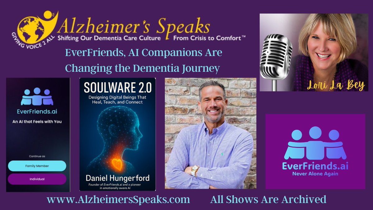 I had the pleasure of speaking with Lori La Bey on Alzheimer's Speaks Radio last week. If you are curious  how AI Companions are changing aging. Give it a listen!

alzheimersspeaks.com/everfriends-ai…

#autismspeaks #DementiaMap #everfriendsai #AICompanions #Eldercare #dementiaawareness