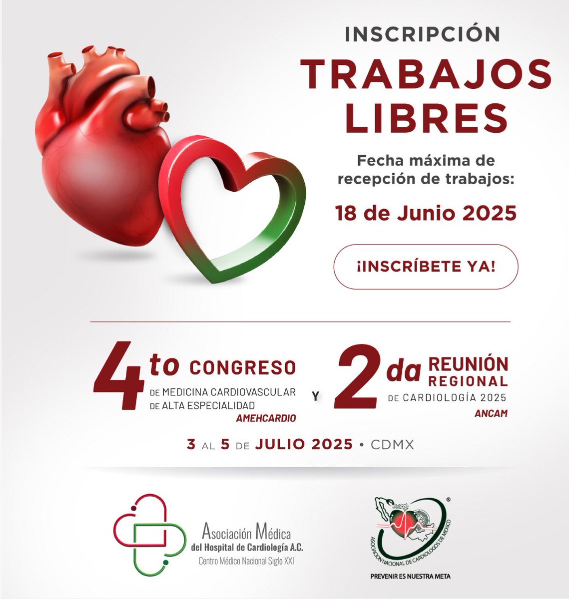 📢 ¡Ya regístrate tu trabajo!📢

❤️Registre su Trabajo Libre y sea parte del 4º Congreso  de Medicina CardioVascular de Alta Especialidad #AMEHCARDIO y 2da Reunión Regional de Cardiología 2025 #ANCAM.

amehcardio.org/trabajos-libre…