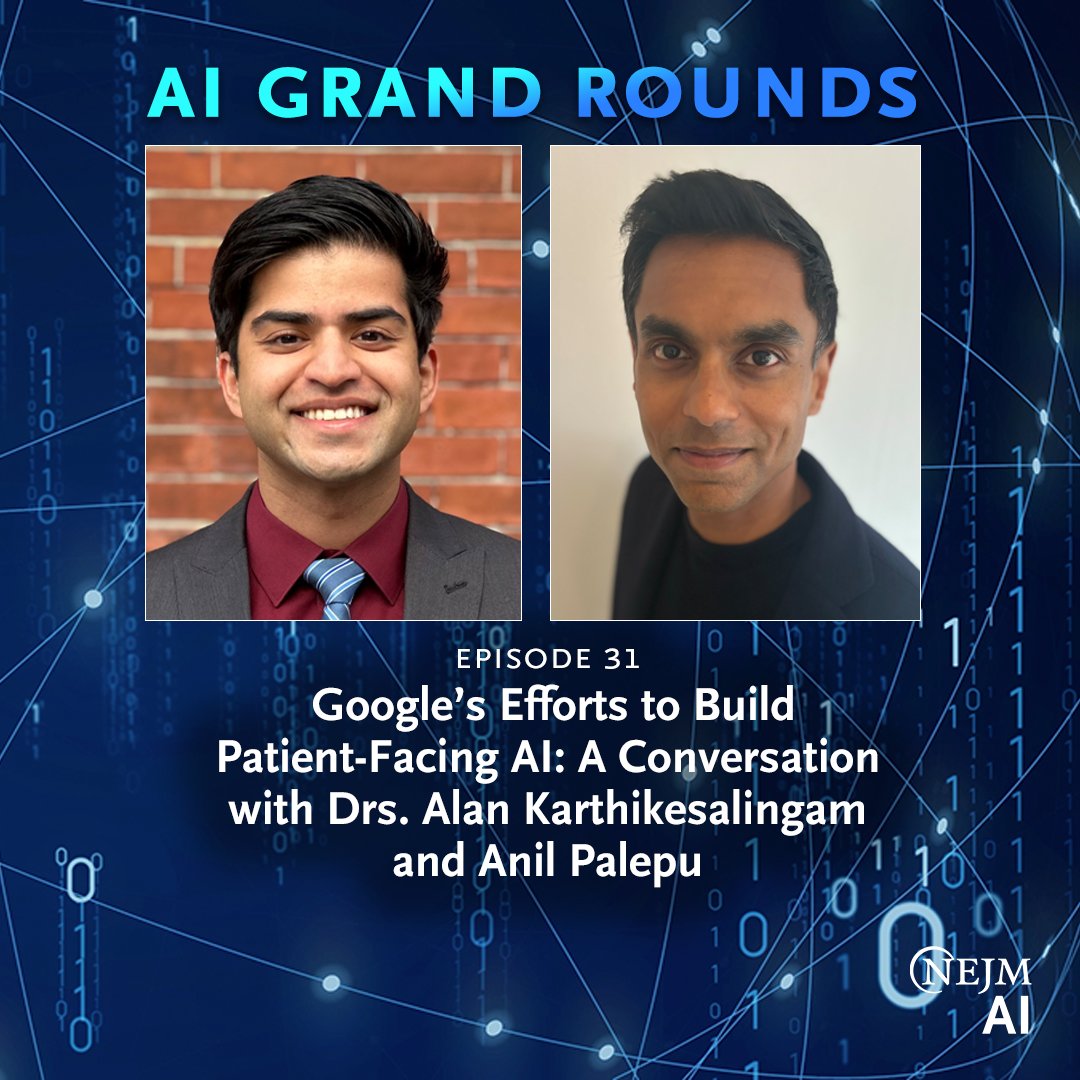 NEJM AI (@nejm_ai) on Twitter photo In the latest episode of the <a href="/NEJM_AI/">NEJM AI</a> Grand Rounds podcast, Drs. Alan Karthikesalingam (<a href="/alan_karthi/">Alan Karthikesalingam</a>) and Anil Palepu (<a href="/apalepu13/">Anil Palepu</a>) of <a href="/Google/">Google</a> discuss AMIE, an AI system designed to conduct clinical conversations with patients. Listen to the full episode: nejm.ai/ep31 In the latest episode of the <a href="/NEJM_AI/">NEJM AI</a> Grand Rounds podcast, Drs. Alan Karthikesalingam (<a href="/alan_karthi/">Alan Karthikesalingam</a>) and Anil Palepu (<a href="/apalepu13/">Anil Palepu</a>) of <a href="/Google/">Google</a> discuss AMIE, an AI system designed to conduct clinical conversations with patients. Listen to the full episode: nejm.ai/ep31