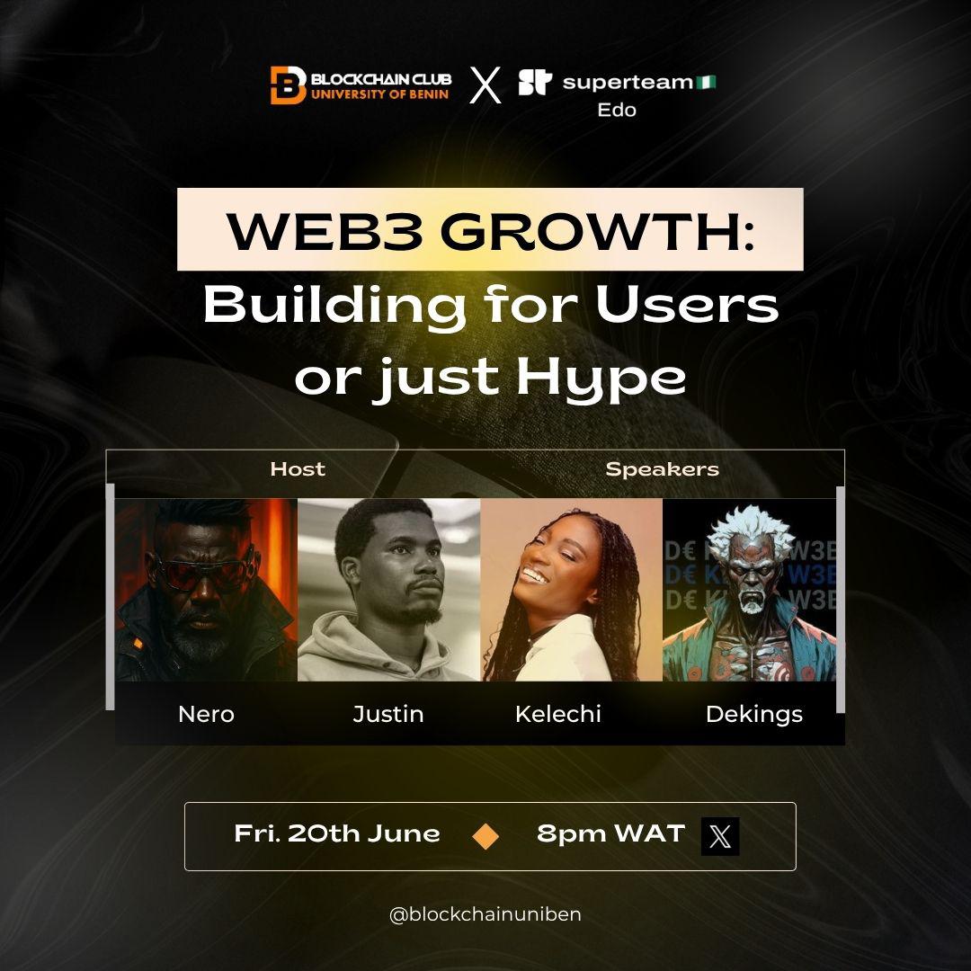 Web3’s biggest question: are we building for users or just hyping ourselves up?

Everybody’s seems to be “building” something in Web3... but for who exactly?

This Friday, we talk about what matters.

Join the convo. Come with your hot takes.
🕗 8PM WAT
 🗓️ June 20