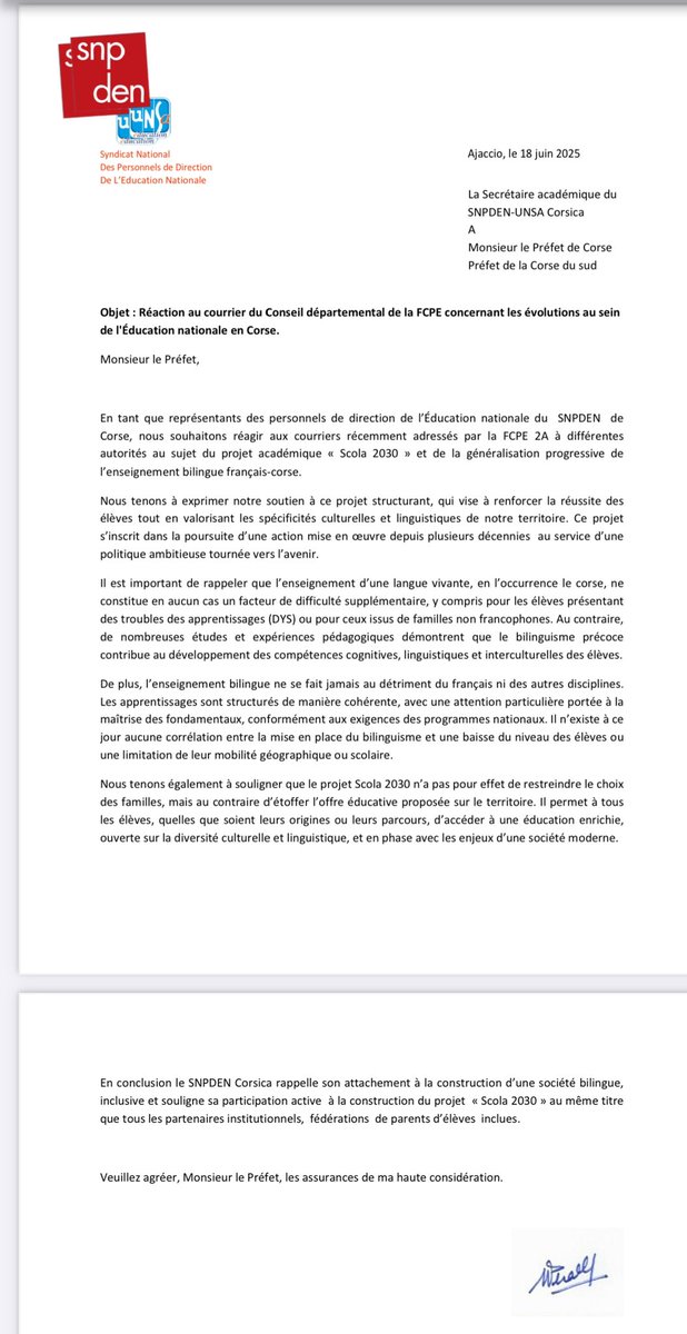 Réaction du SNPDEN Corsica suite au courrier envoyé par la FCPE 2A concernant l’enseignement bilingue .